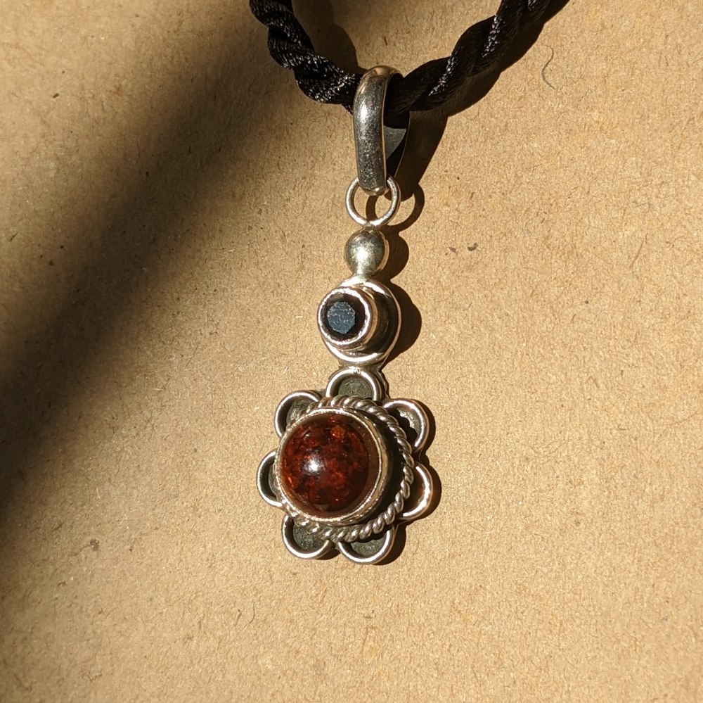 Sterling silver amber and garnet pendant with free satin cord
